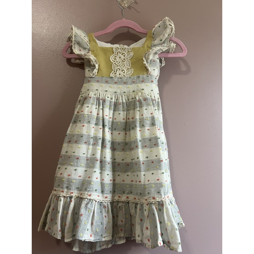 Ele Story Toddler Girls Dress 100% Cotton Cream Gray Stripped Size 2-3 T
